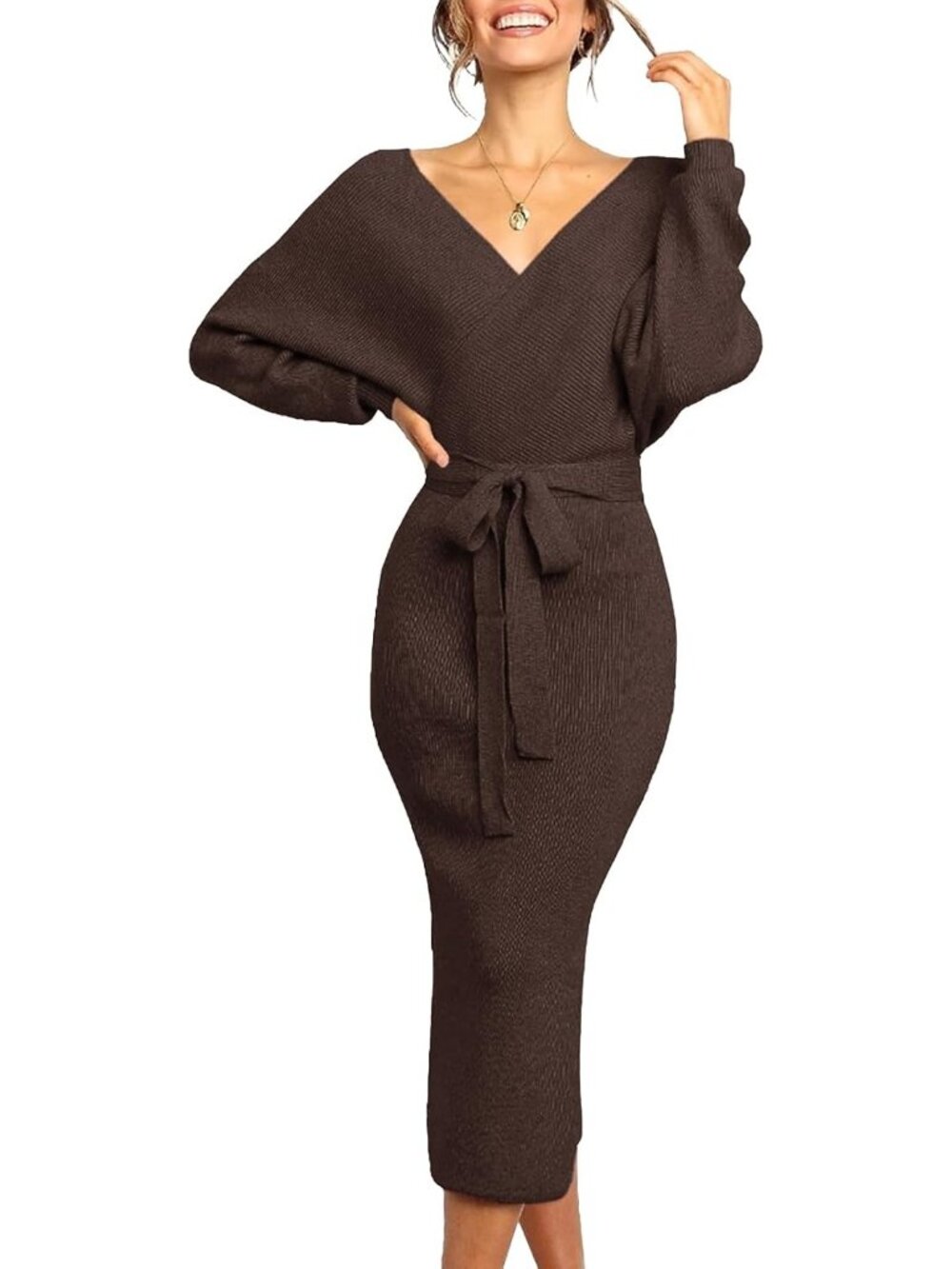 🆕 Women's Brown Batwing Sleeve Wrap V Neck Ribbed Knit Bodycon Midi Dress
